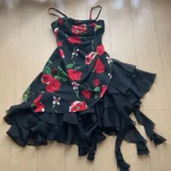 ドレス　黒に赤い花のシフォン生地。スカート部分は楊柳の生地