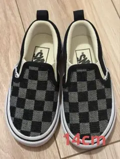 【VANS】美品！ブラック/グレー チェック スリッポン　14cm