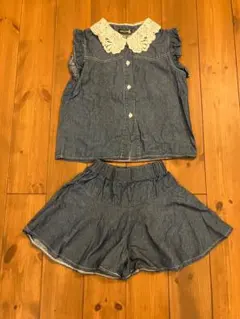 女の子 セットアップ 120 デニム風 レース襟トップス＆キュロット 美品 夏服