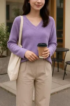 ユニクロ Vネック コットン混 ニット パープル Lサイズ