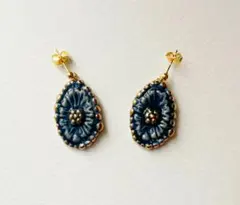 新品 お花 ピアス ネイビー ゴールド 陶器 フラワー ボタニカル 金 ブルー