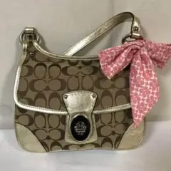 美品本物コーチCOACH本革レザーリボンショルダーバッグバックパーティー
