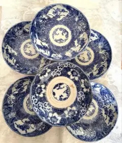 明治～大正期 染付 小皿 13cm 6枚組 古道具 和食器