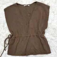 レトロガール ウエスト紐ニットベスト Vネック ブラウン M レイヤード　上品