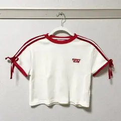 【短丈】WC リボン2ラインワッフルTシャツ アイボリー レッド 半袖のサムネイル