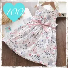 100 子供 蝶と花柄 の プリント ノースリーブ ピンクリボン ワンピース♡