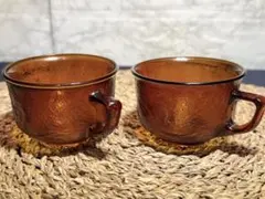 アンバーガラス カップ 2客セット 琥珀色 フランス風 ヴィンテージ レトロ