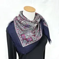☆9-6.美品 シンメトリー ペイズリーモチーフ ウールスカーフ　ネイビー