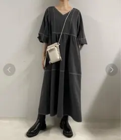 前後2WAY配色ステッチワンピース　チャコールグレー