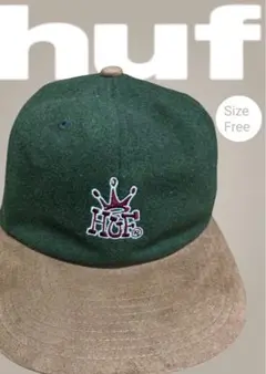 HUF キャップ 王冠ロゴ 刺繍 グリーン×ブラウン 美品