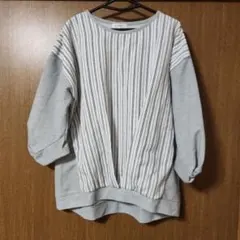 グレー ストライプ柄 五分袖スウェット