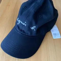 agnès b. 刺繍ロゴ キャップ 黒(未使用ですが一部汚れ有)