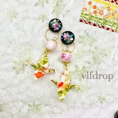 桃色トンボ玉【吉祥和柄】ミニ折り鶴和紙&和モダン花柄美濃焼タイルの和風ピアス