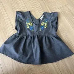 branshes フリル袖刺繍トップス グレー　重ね着　ベスト　花　90
