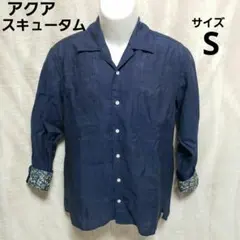 P*ん様 ★アクアスキュータム ネイビーオープンカラーシャツ 花柄袖口付サイズS