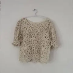 アイボリー レース編み 半袖トップス