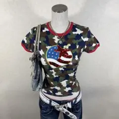 y2k ANGEL BLUEカモフラ 迷彩 スパンコール Tシャツ 平成ギャルのサムネイル