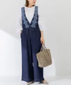 【新品未使用】サニーレーベル クロス刺繍デニムサロペット インディゴ フリー