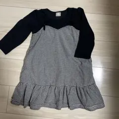 チェック柄 フリル　ベロアリボン　ワンピース 100