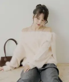 肩リボンショルダースリットオフショルシャギーニット ピンク