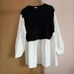 GU レイヤードデザイン長袖シャツ L ブラック/ホワイト 送料無料