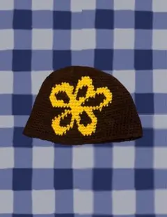 ハンドメイド 手編み 花モチーフ ニット帽 ビーニーブラウン