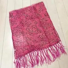 透け感シフォンストール　花火金箔調 フリンジ　シルクストール　マゼンダピンク