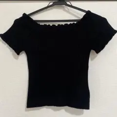 オフショルダー リブニット 半袖トップス ブラック フリル