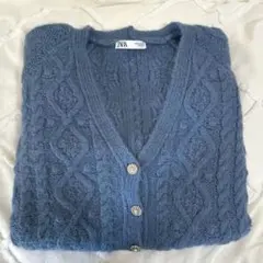ZARA ブルー ケーブルニットカーディガン　ビジューニットカーディガン