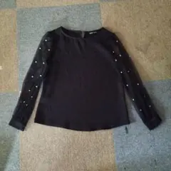 黒 シースルー長袖トップス パール装飾