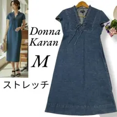 DKNY ストレッチデニムワンピース 半袖 フリル Mサイズ