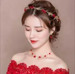 ウェディング ヘッドドレス イヤリングセット 結婚式 赤 花 バラモチーフ
