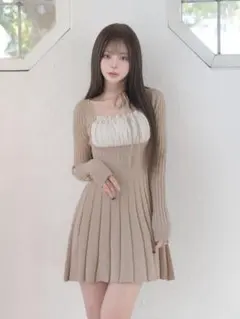 Darich ネックリボンデザインフレアニットミニワンピース　フリーサイズ