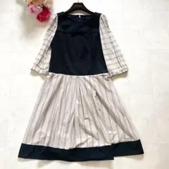 トゥービーシック　リボン切り替えワンピース　サイズ40 黒　ベージュ　七分袖　L