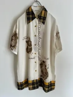 猫柄　ネコ柄　シフォン シャツ　チェック柄 ビンテージ　ヴィンテージ レトロのサムネイル