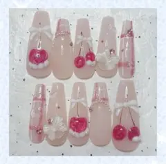 量産型　さくらんぼ　ネイルチップ／ロング⑧／バレリーナ型（標準サイズ）