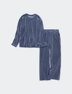 ユニクロ　ウルトラストレッチスムースセット 長袖 ブルー　ベロア　ルームウェア