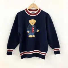 美品 クマ ベア 刺繍 長袖 セーター 紺 ネイビー