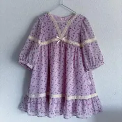 美品 組曲 花柄 七分袖 ワンピース パステルライラック 薄紫 110 120