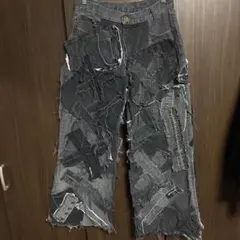 A*e様 y2k 00s ブラックデニム ワイド ボトム ツギハギ L size - メルカリ
