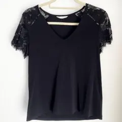 H&M 黒 レース 半袖 Tシャツ カットソー Vネック シースルー Sサイズ