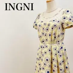 【人気】イング　花柄プリント　ネックレースデザイン　ハーフスリーブワンピース