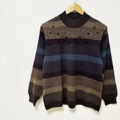 ビジュー付きモックネックニット　長袖セーター　L　ボーダー柄　茶色ブラウン系