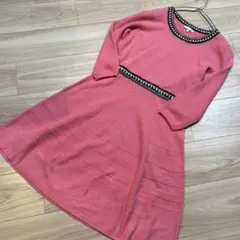 美品 ポールカ コットンニットワンピース M ツイード風編み込み ピンクのサムネイル