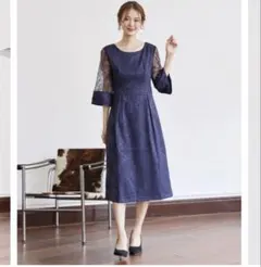 ネイビー レース袖 パーティードレス XL