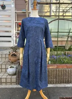 ☆着物リメイク☆ 大島紬 フリル袖のゆったりワンピ 7マルキ 青の
