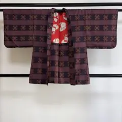 ■E5915.■アンティーク■正絹■小豆色　絣柄　銘仙　袷　羽織■丈81　裄65