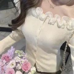 SHEIN オフショルダー 長袖 リブニット フリル トップス