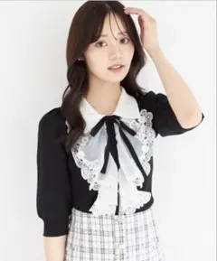 襟＆リボン付きレースフリル装飾ニットプルオーバー