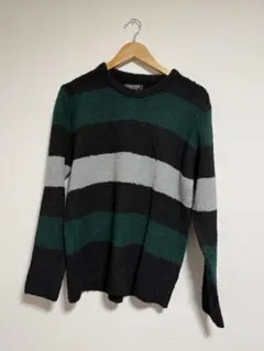 【トレンド】BORN FREE ボーダー ニット 墨黒 深緑 モヘア調 グランジ